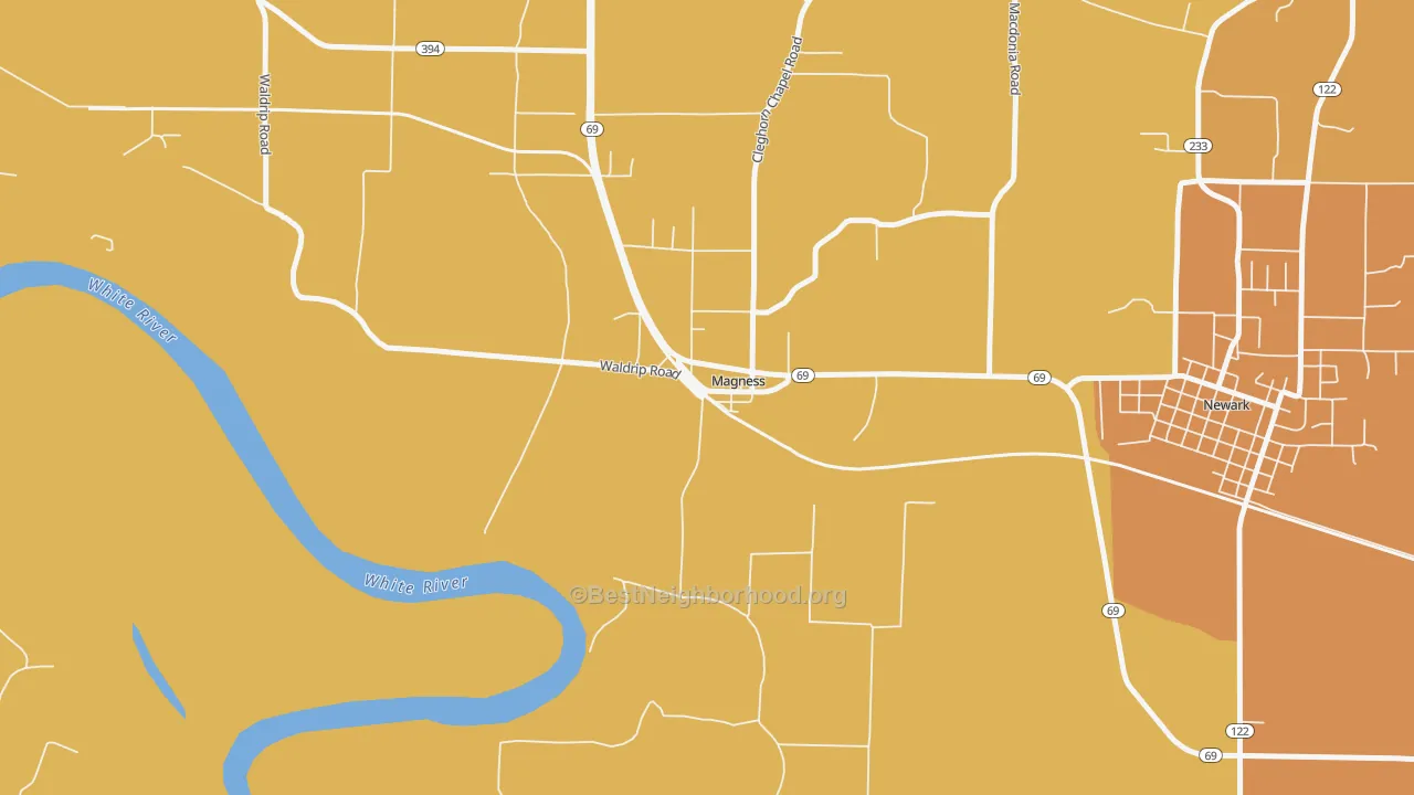 Map of the best neighborhoods in the 72553 area, with better matches in green and worse matches in red