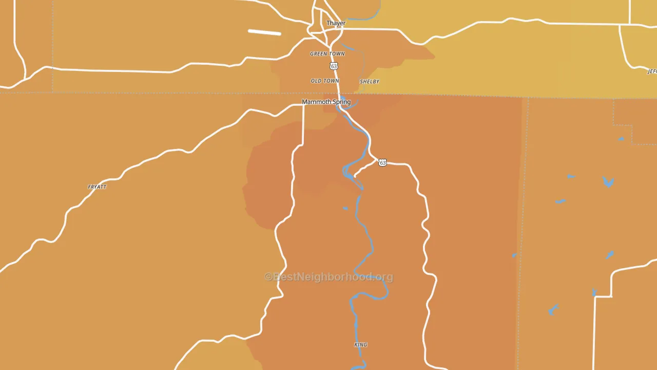 Map of the best neighborhoods in the 72554 area, with better matches in green and worse matches in red