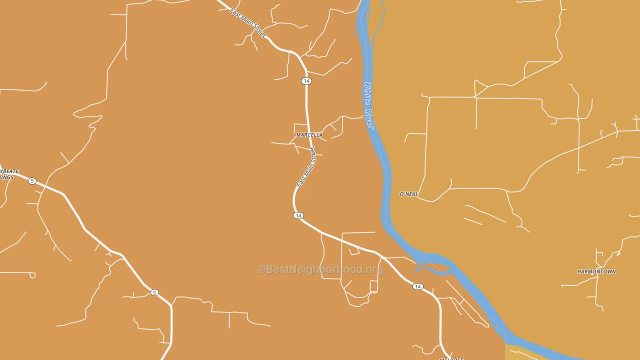Map of the best neighborhoods in the 72555 area, with better matches in green and worse matches in red