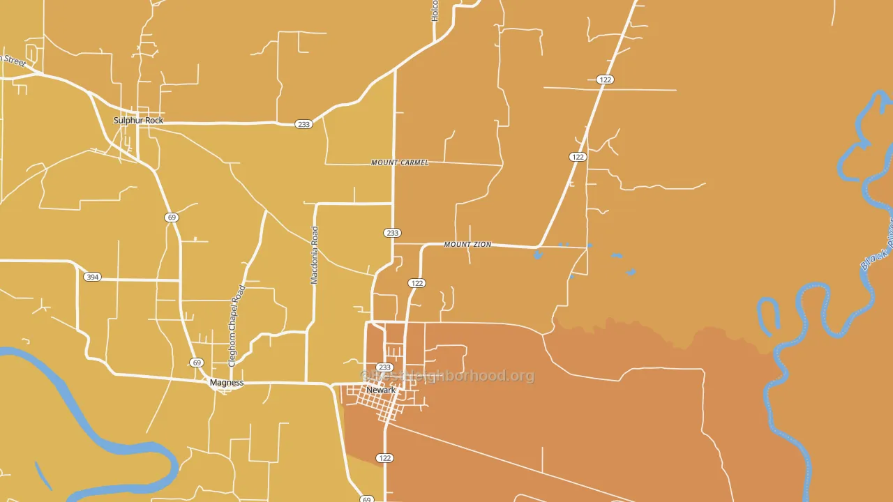 Map of the best neighborhoods in the 72562 area, with better matches in green and worse matches in red