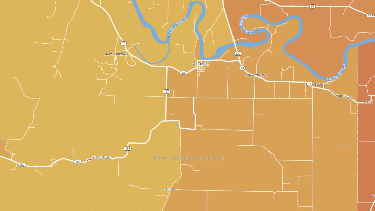 Map of the best neighborhoods in the 72564 area, with better matches in green and worse matches in red