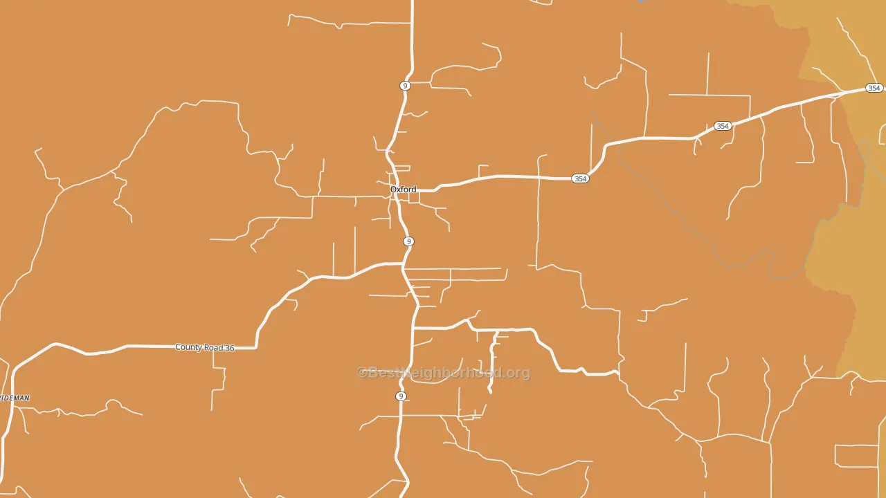 Map of the best neighborhoods in the 72565 area, with better matches in green and worse matches in red