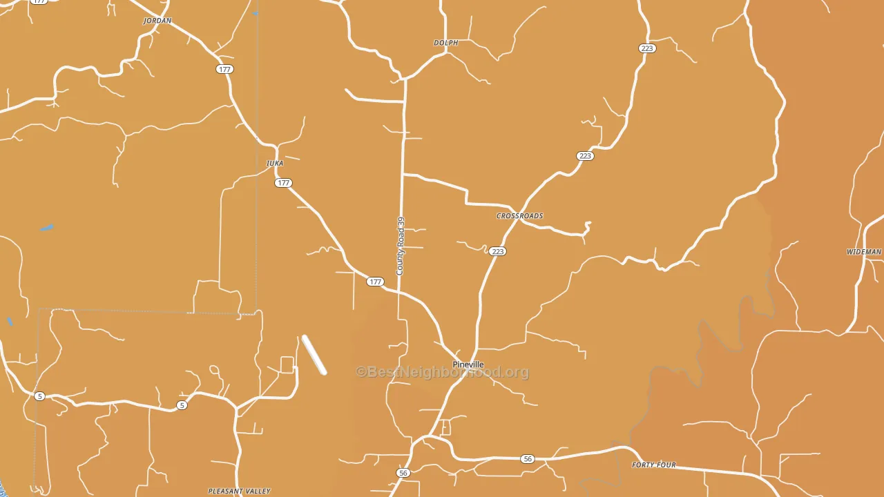 Map of the best neighborhoods in the 72566 area, with better matches in green and worse matches in red