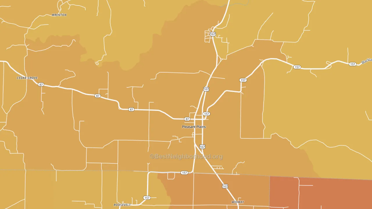 Map of the best neighborhoods in the 72568 area, with better matches in green and worse matches in red
