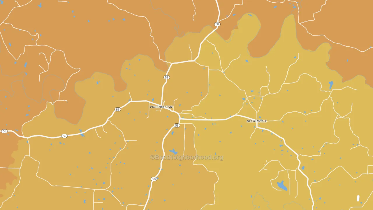 Map of the best neighborhoods in the 72569 area, with better matches in green and worse matches in red