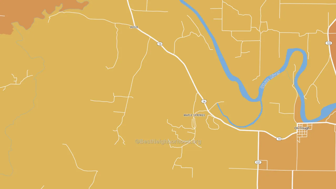Map of the best neighborhoods in the 72571 area, with better matches in green and worse matches in red
