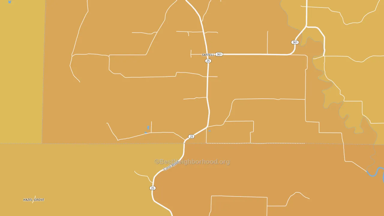 Map of the best neighborhoods in the 72572 area, with better matches in green and worse matches in red