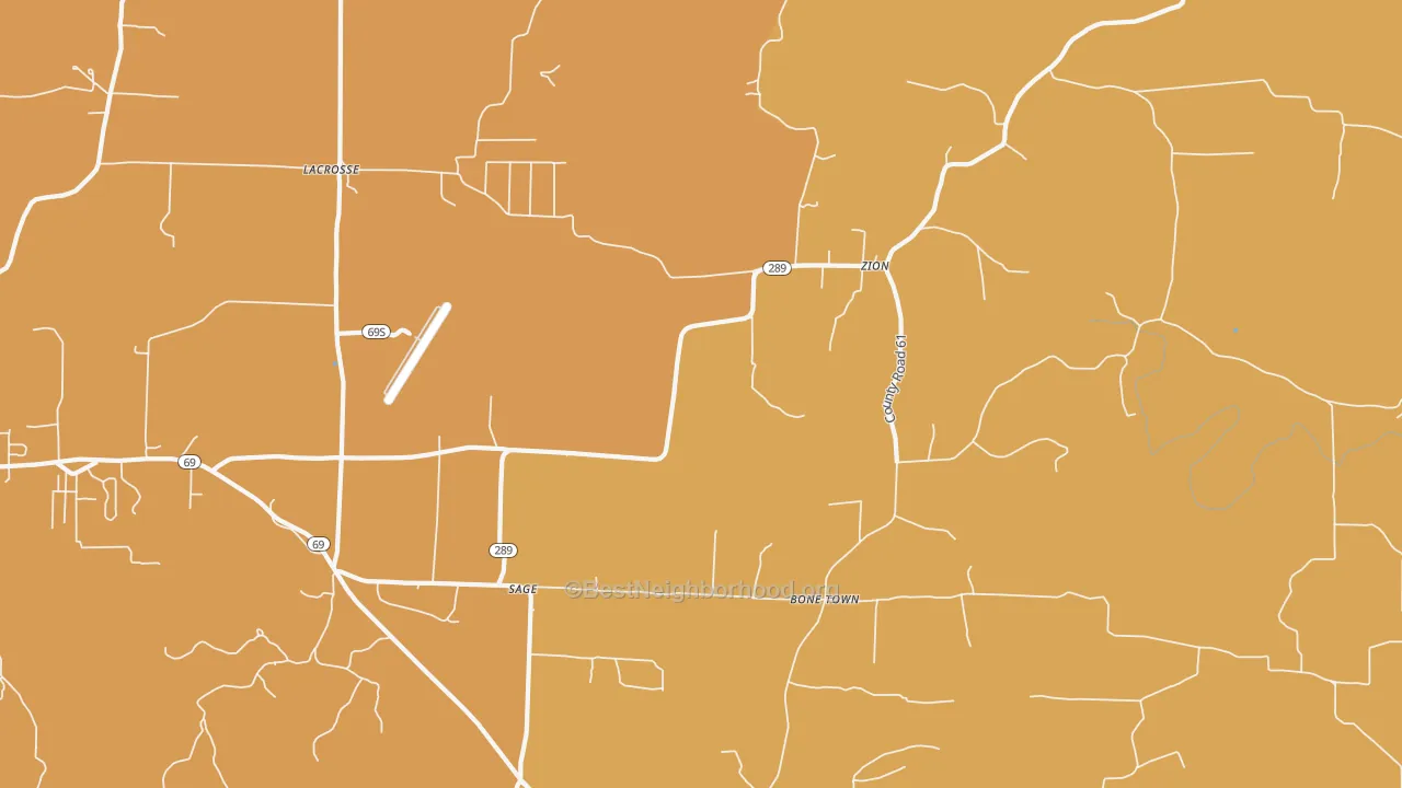 Map of the best neighborhoods in the 72573 area, with better matches in green and worse matches in red