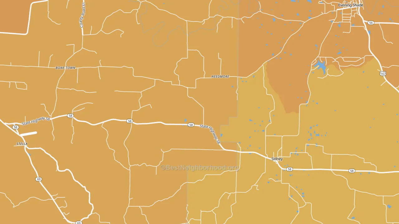 Map of the best neighborhoods in the 72577 area, with better matches in green and worse matches in red