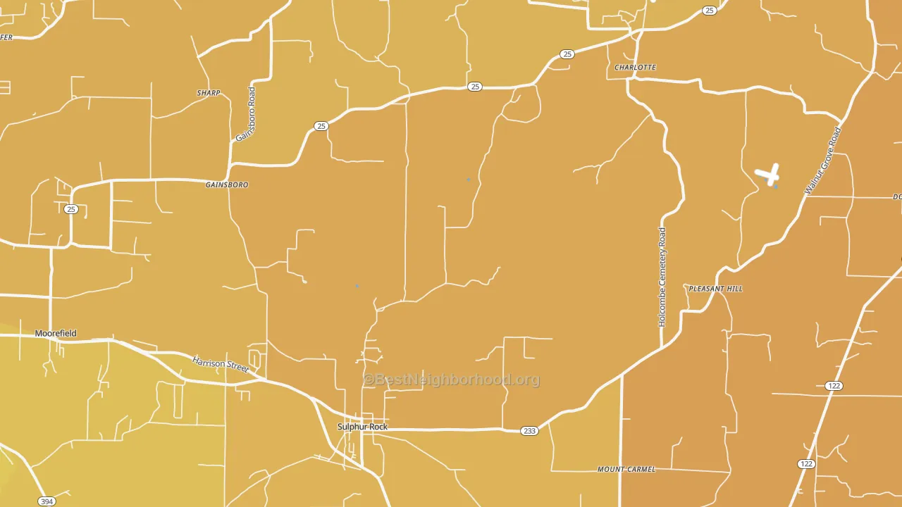 Map of the best neighborhoods in the 72579 area, with better matches in green and worse matches in red