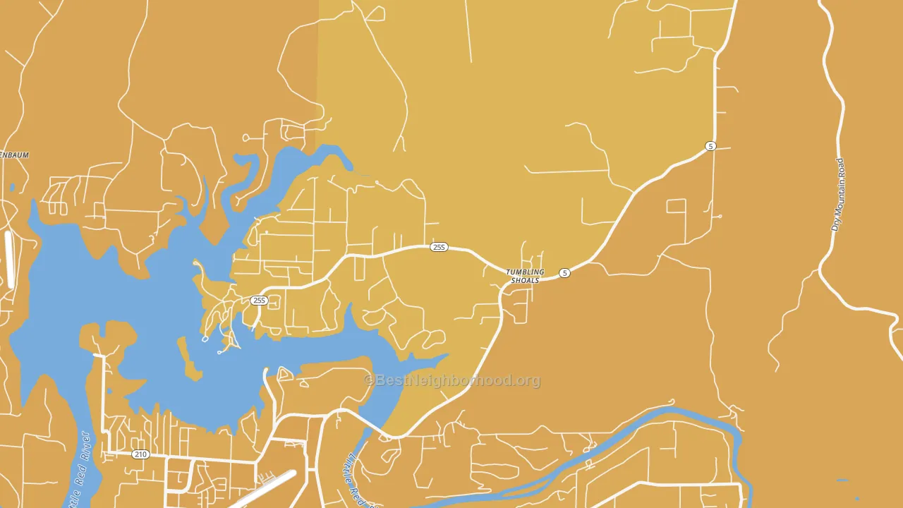 Map of the best neighborhoods in the 72581 area, with better matches in green and worse matches in red
