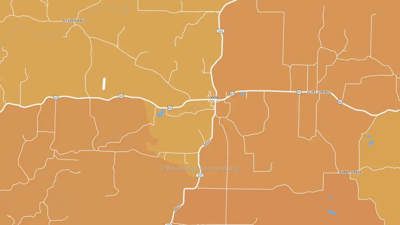 Map of the best neighborhoods in the 72583 area, with better matches in green and worse matches in red