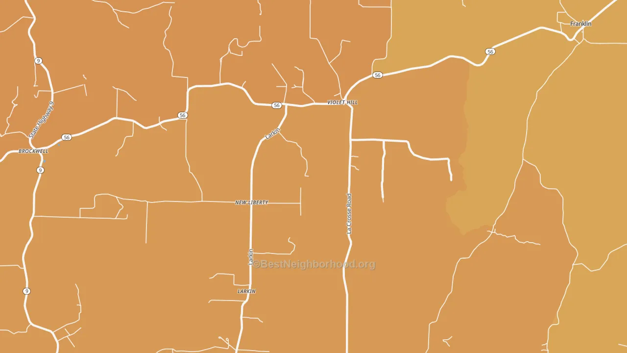 Map of the best neighborhoods in the 72584 area, with better matches in green and worse matches in red