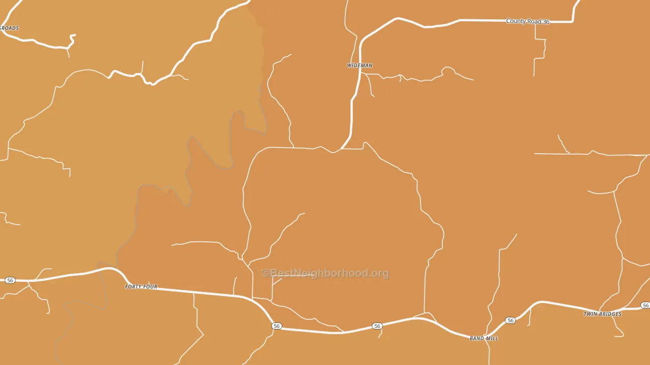 Map of the best neighborhoods in the 72585 area, with better matches in green and worse matches in red
