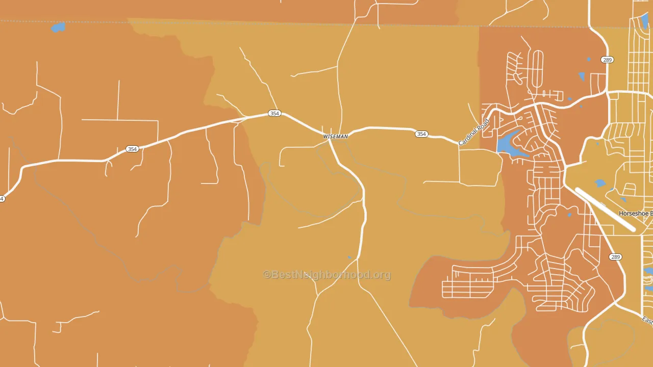Map of the best neighborhoods in the 72587 area, with better matches in green and worse matches in red