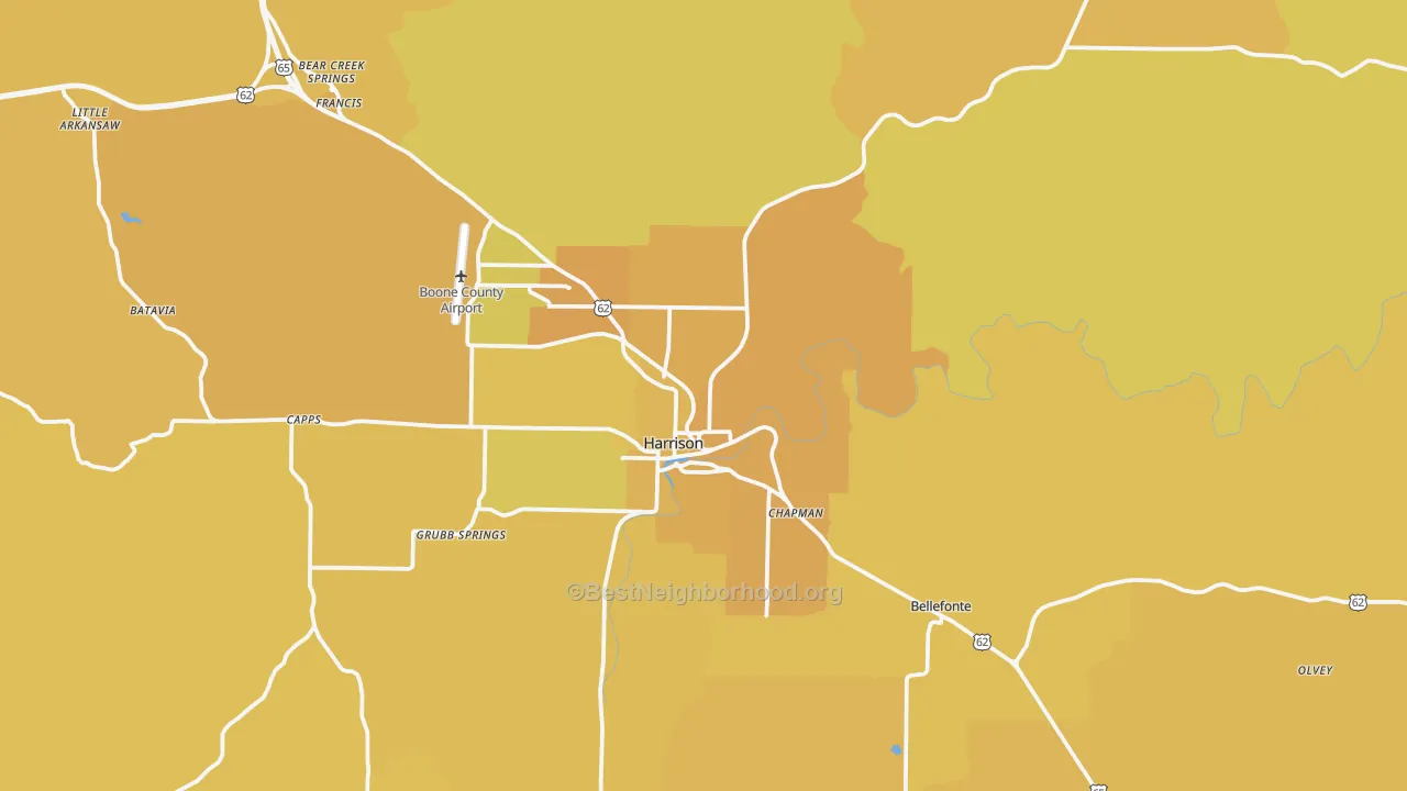 Map of the best neighborhoods in the 72601 area, with better matches in green and worse matches in red