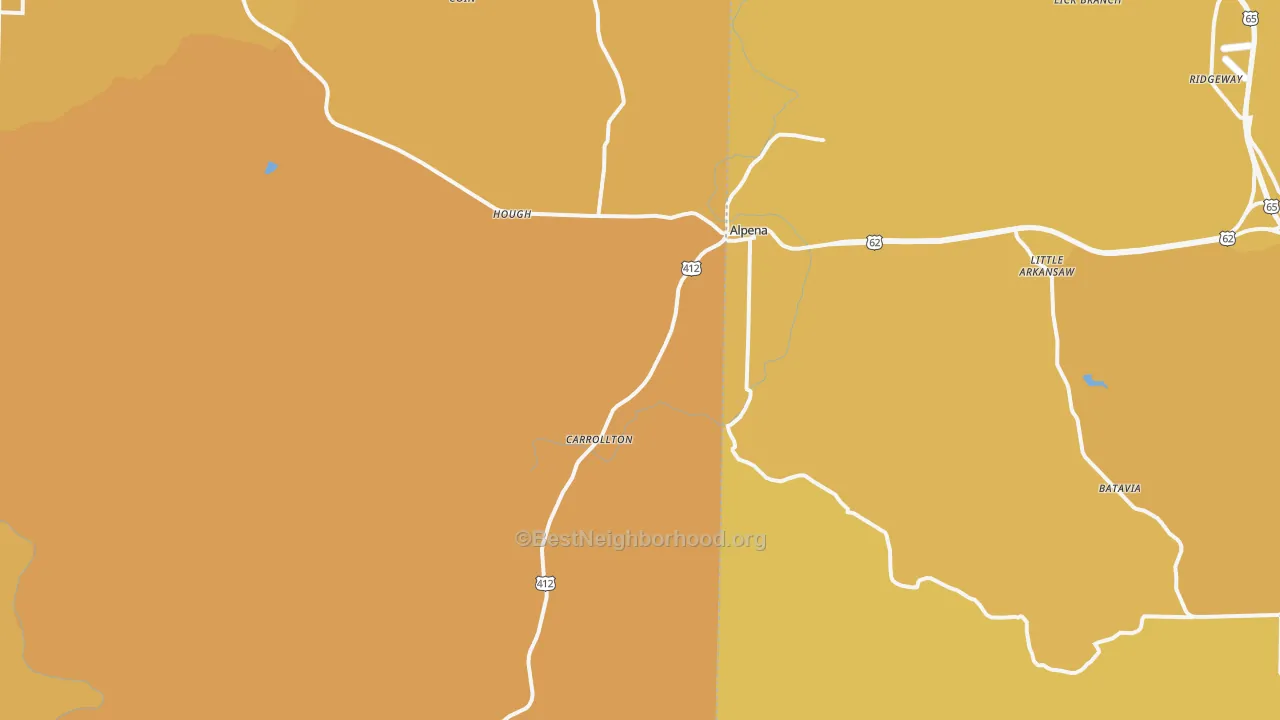 Map of the best neighborhoods in the 72611 area, with better matches in green and worse matches in red