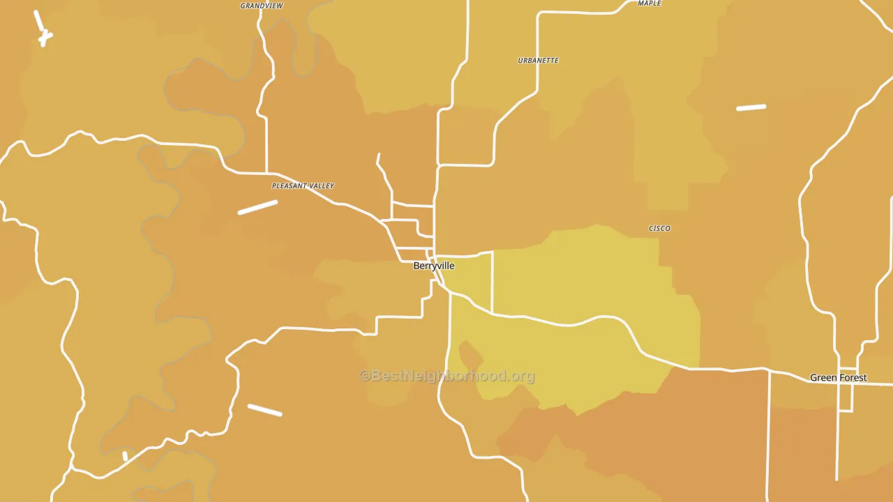 Map of the best neighborhoods in the 72616 area, with better matches in green and worse matches in red