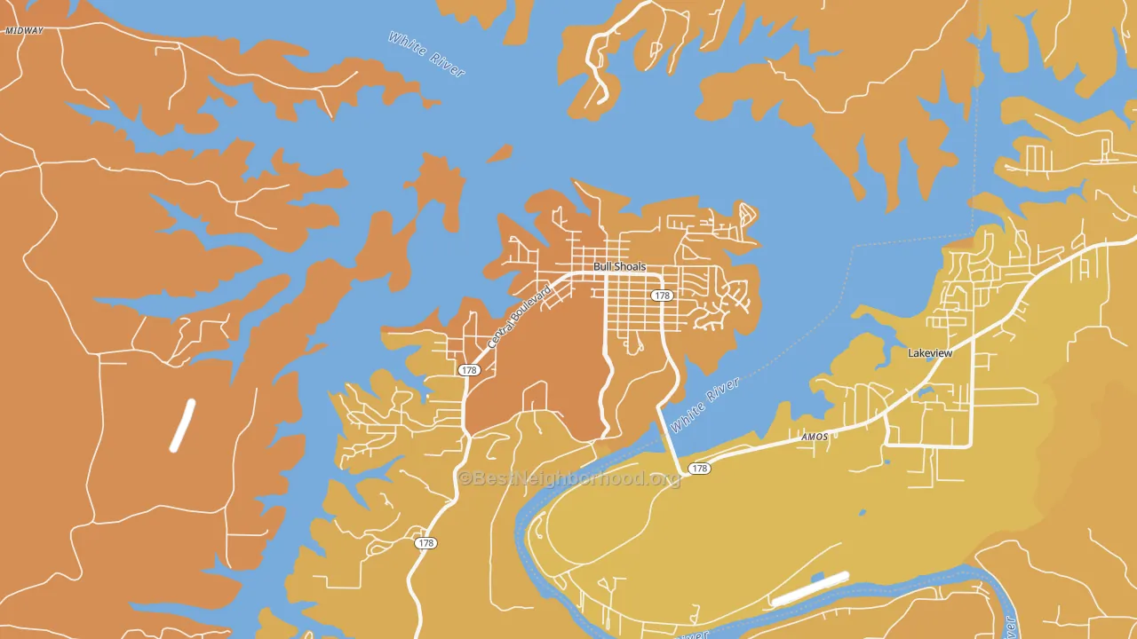 Map of the best neighborhoods in the 72619 area, with better matches in green and worse matches in red