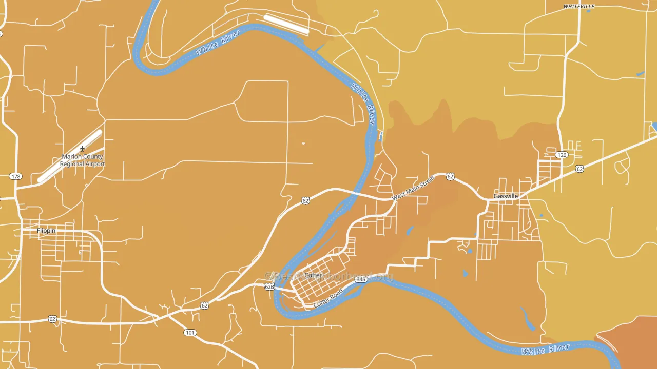 Map of the best neighborhoods in the 72626 area, with better matches in green and worse matches in red