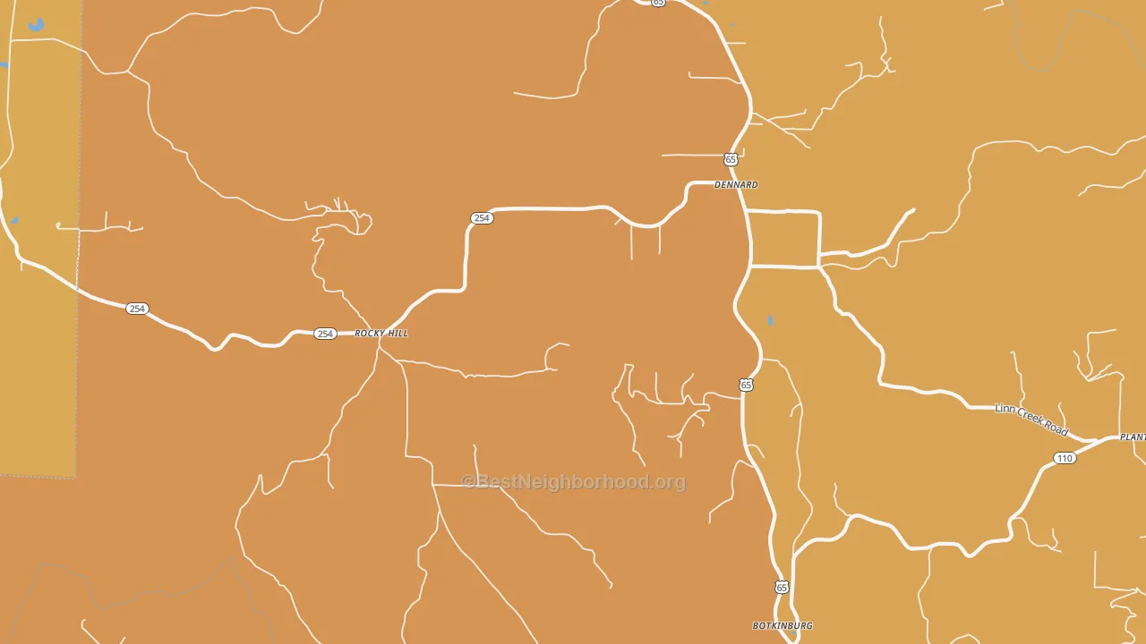 Map of the best neighborhoods in the 72629 area, with better matches in green and worse matches in red