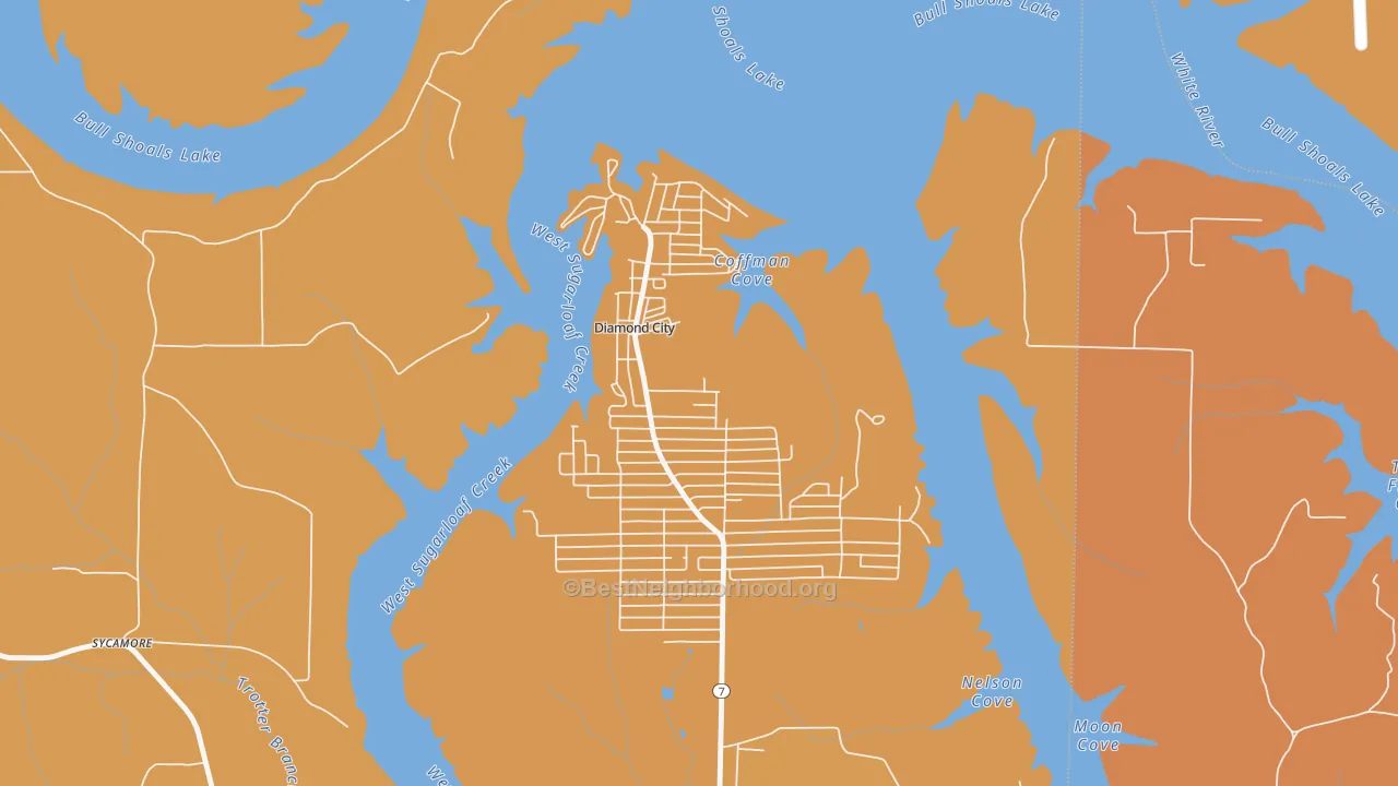 Map of the best neighborhoods in the 72630 area, with better matches in green and worse matches in red