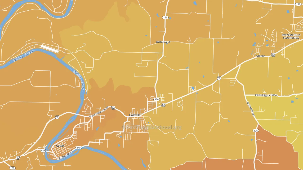 Map of the best neighborhoods in the 72635 area, with better matches in green and worse matches in red