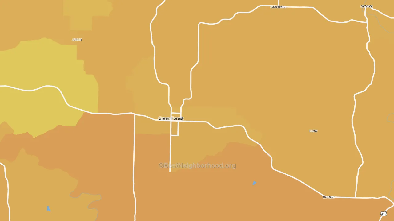 Map of the best neighborhoods in the 72638 area, with better matches in green and worse matches in red