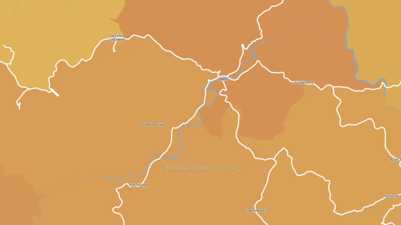 Map of the best neighborhoods in the 72641 area, with better matches in green and worse matches in red