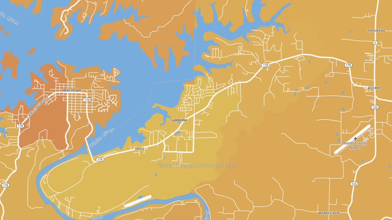 Map of the best neighborhoods in the 72642 area, with better matches in green and worse matches in red