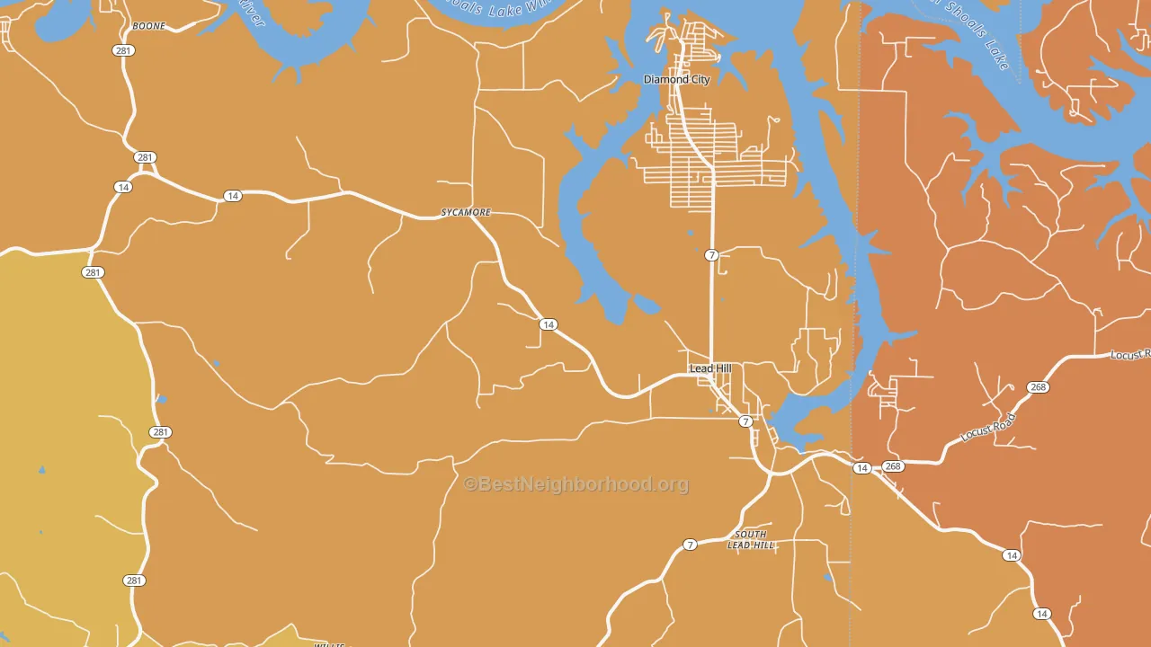 Map of the best neighborhoods in the 72644 area, with better matches in green and worse matches in red