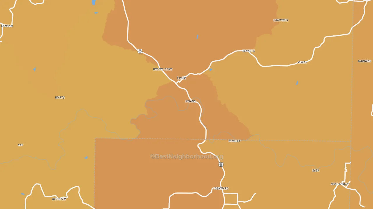 Map of the best neighborhoods in the 72645 area, with better matches in green and worse matches in red
