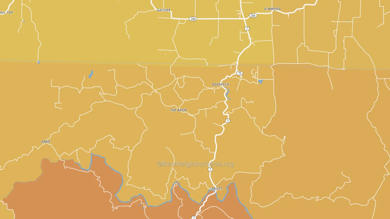 Map of the best neighborhoods in the 72648 area, with better matches in green and worse matches in red