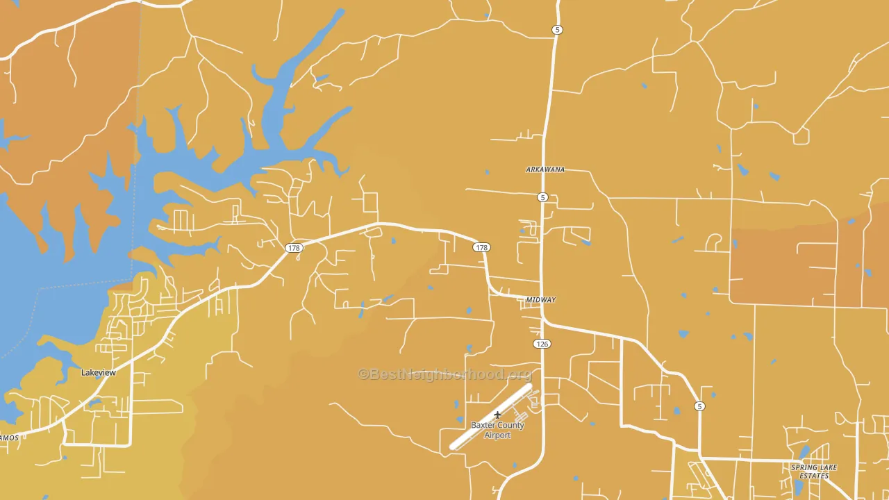 Map of the best neighborhoods in the 72651 area, with better matches in green and worse matches in red