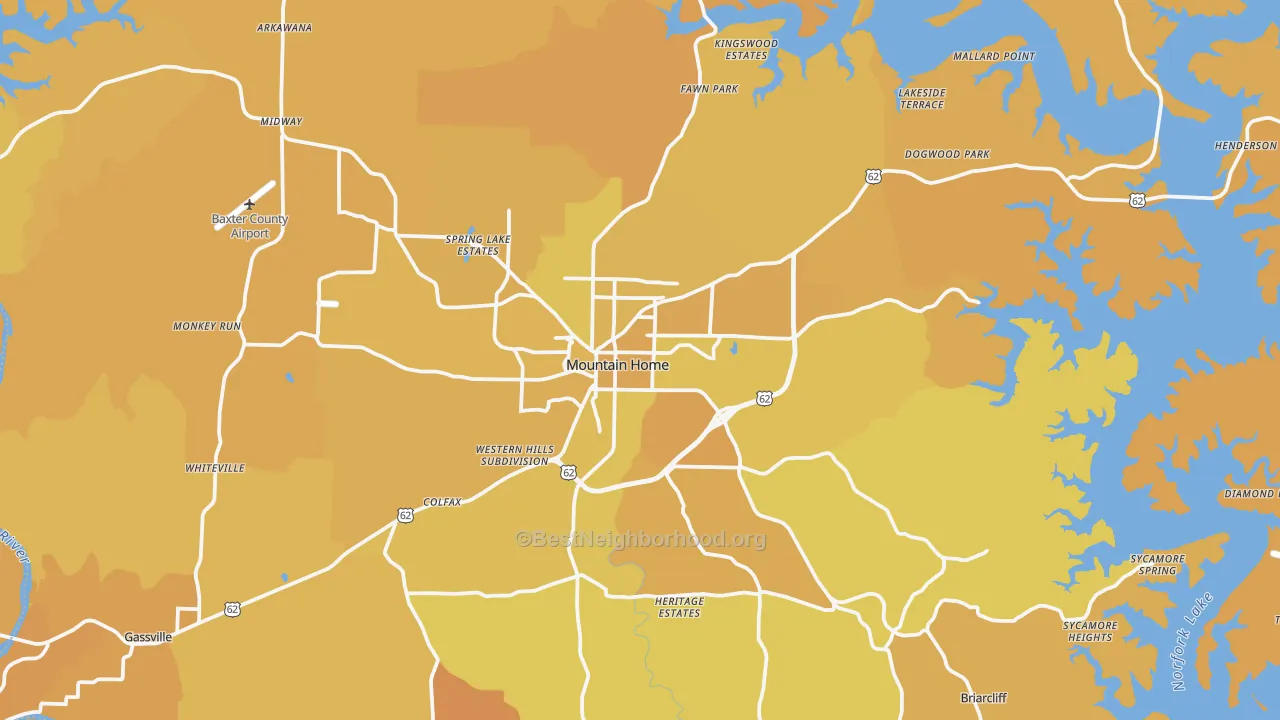 Map of the best neighborhoods in the 72653 area, with better matches in green and worse matches in red