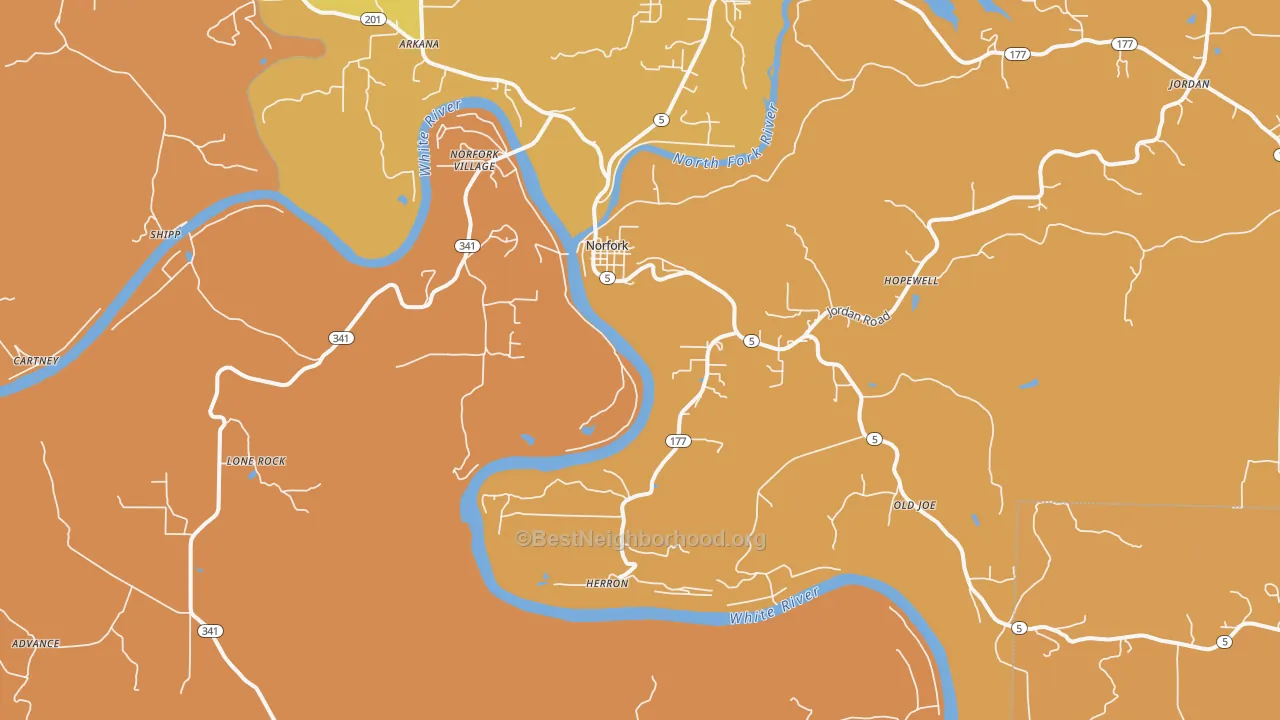 Map of the best neighborhoods in the 72658 area, with better matches in green and worse matches in red