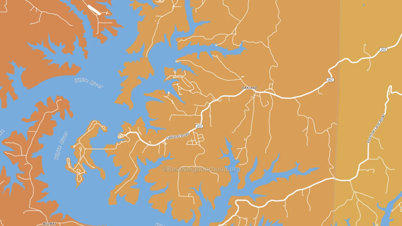 Map of the best neighborhoods in the 72661 area, with better matches in green and worse matches in red