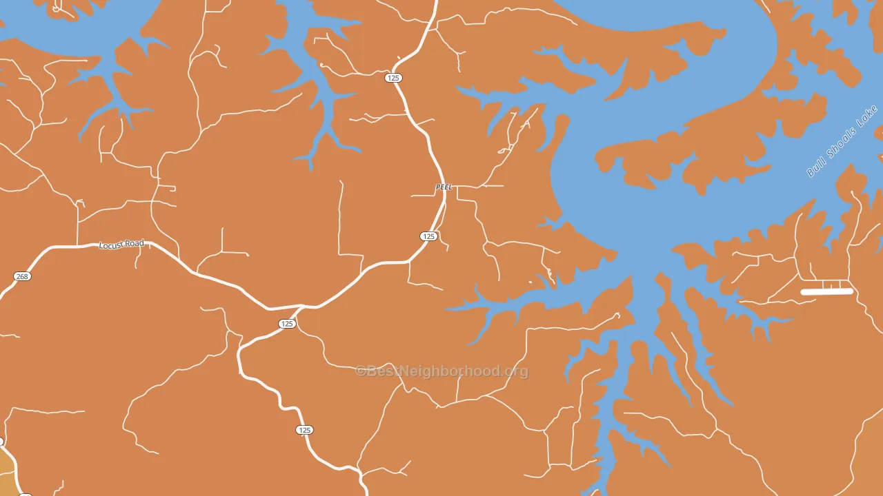 Map of the best neighborhoods in the 72668 area, with better matches in green and worse matches in red