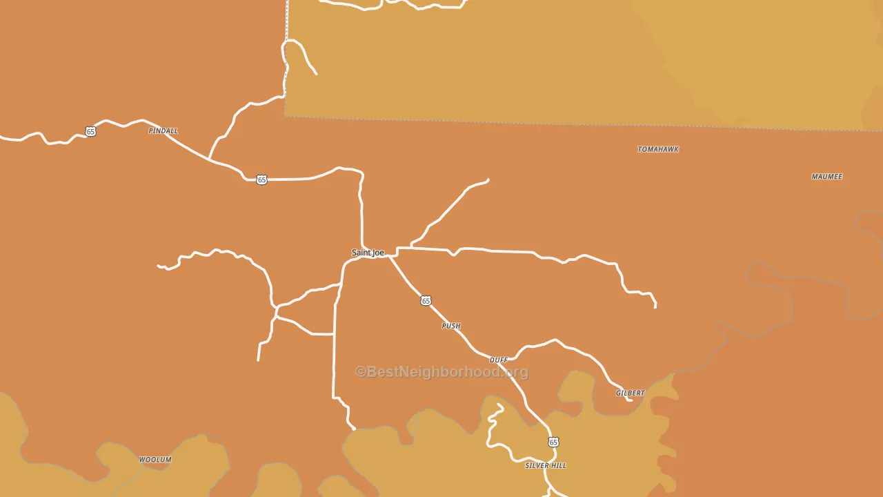 Map of the best neighborhoods in the 72675 area, with better matches in green and worse matches in red