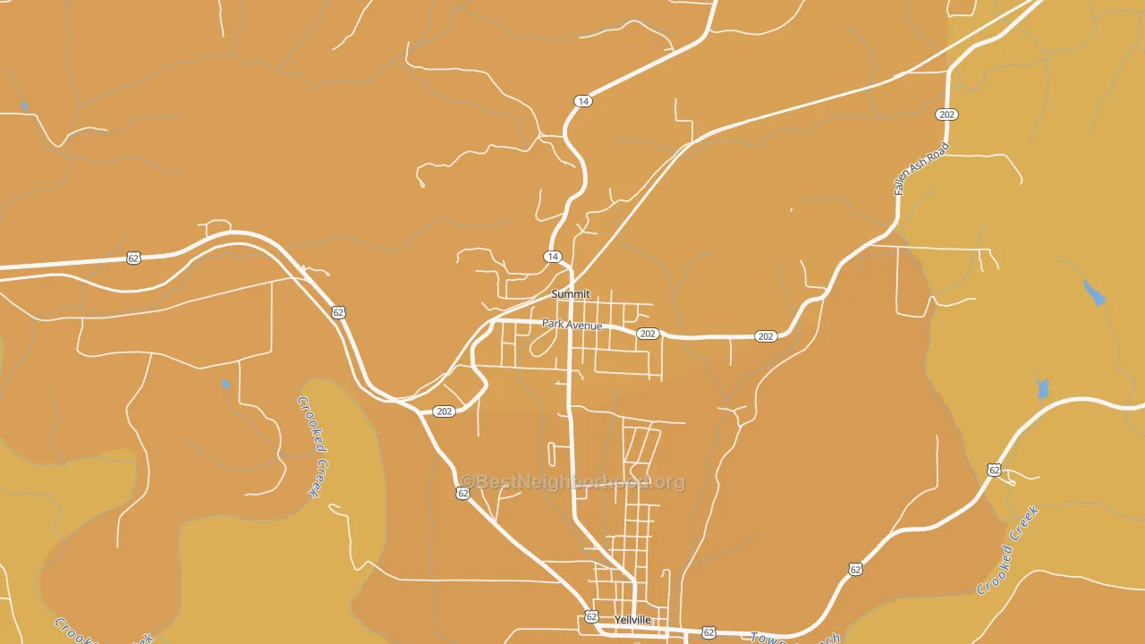 Map of the best neighborhoods in the 72677 area, with better matches in green and worse matches in red