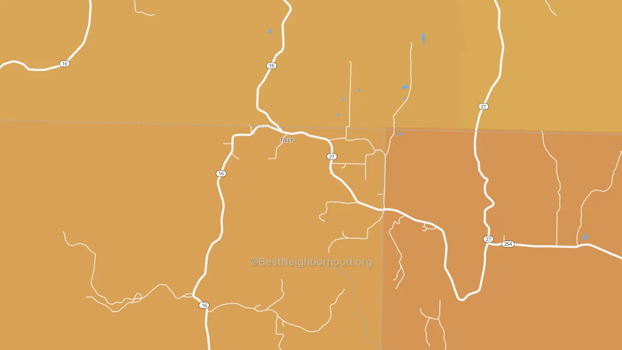 Map of the best neighborhoods in the 72679 area, with better matches in green and worse matches in red