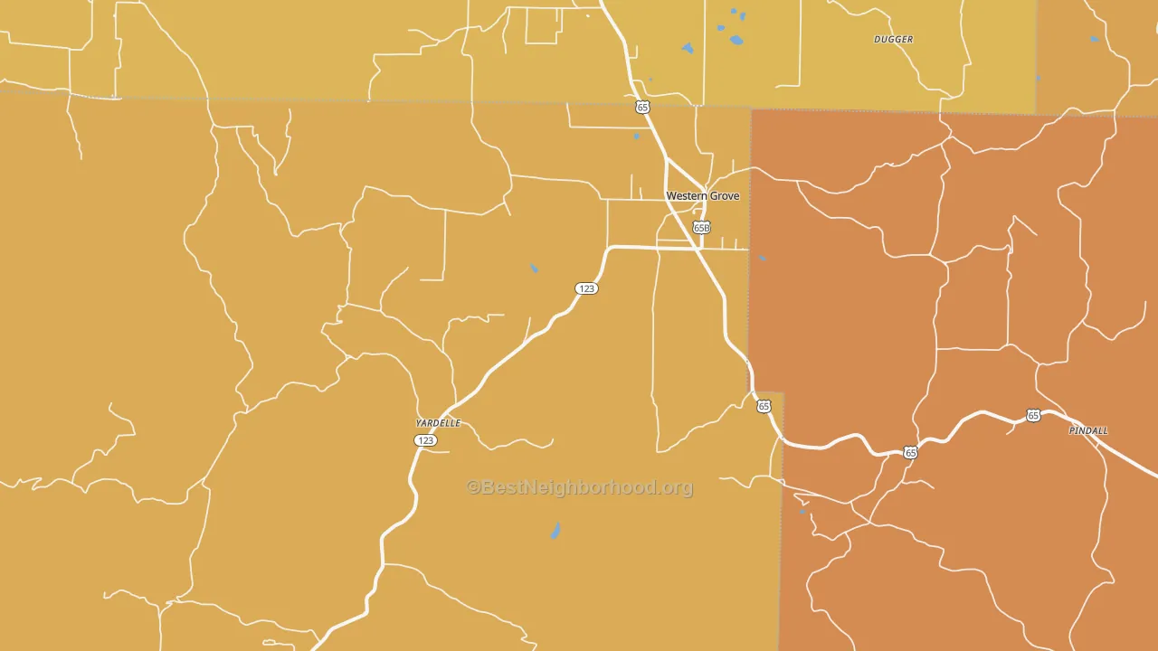 Map of the best neighborhoods in the 72685 area, with better matches in green and worse matches in red