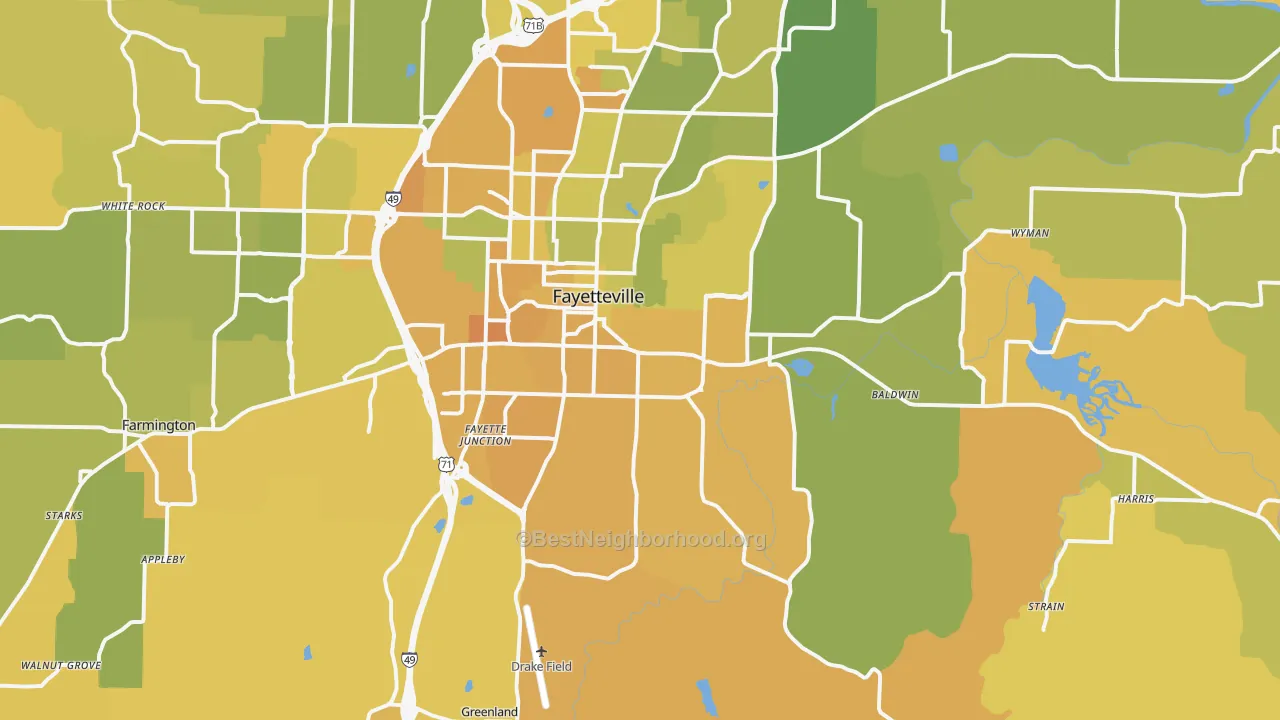 Map of the best neighborhoods in the 72701 area, with better matches in green and worse matches in red