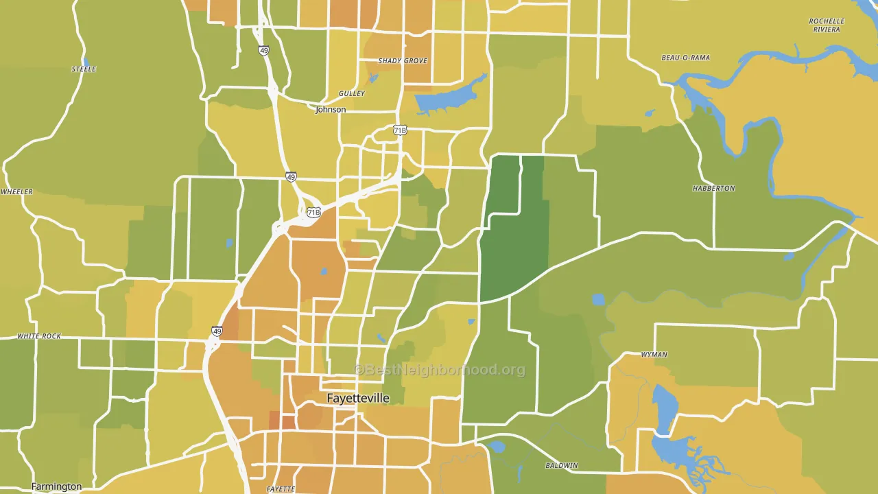 Map of the best neighborhoods in the 72703 area, with better matches in green and worse matches in red