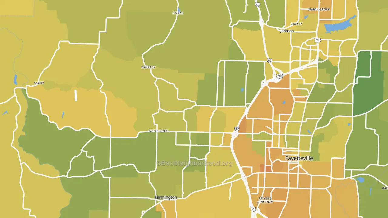 Map of the best neighborhoods in the 72704 area, with better matches in green and worse matches in red