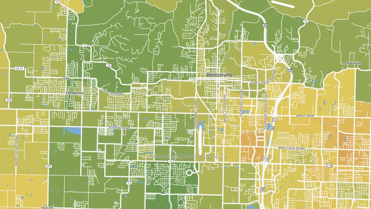 Map of the best neighborhoods in the 72712 area, with better matches in green and worse matches in red