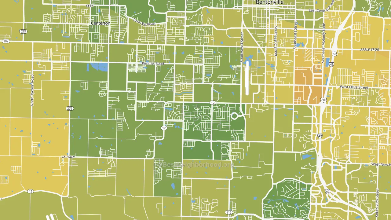 Map of the best neighborhoods in the 72713 area, with better matches in green and worse matches in red