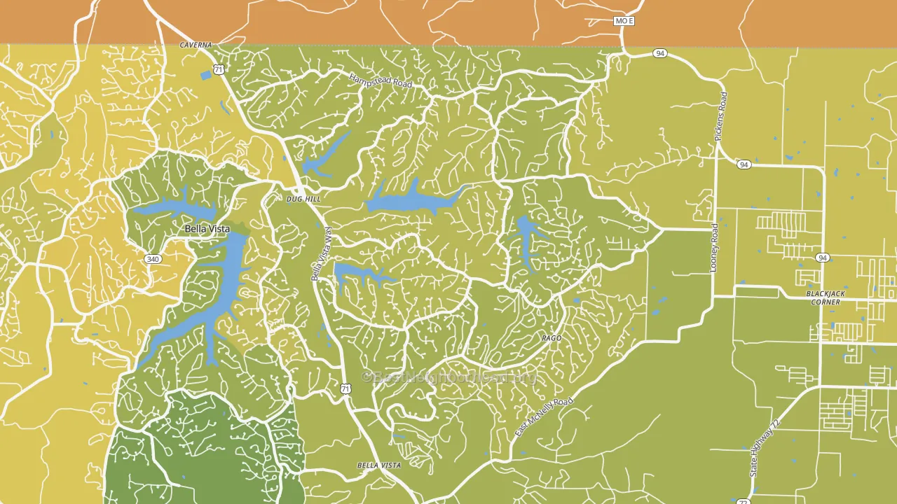 Map of the best neighborhoods in the 72714 area, with better matches in green and worse matches in red