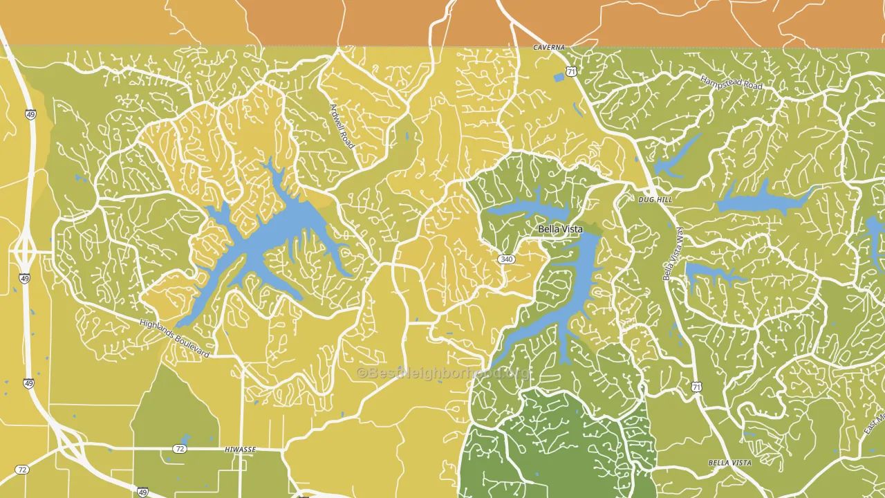 Map of the best neighborhoods in the 72715 area, with better matches in green and worse matches in red