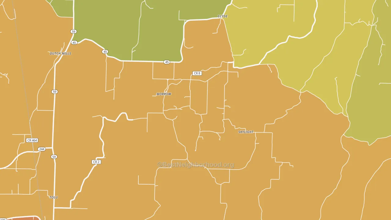 Map of the best neighborhoods in the 72717 area, with better matches in green and worse matches in red